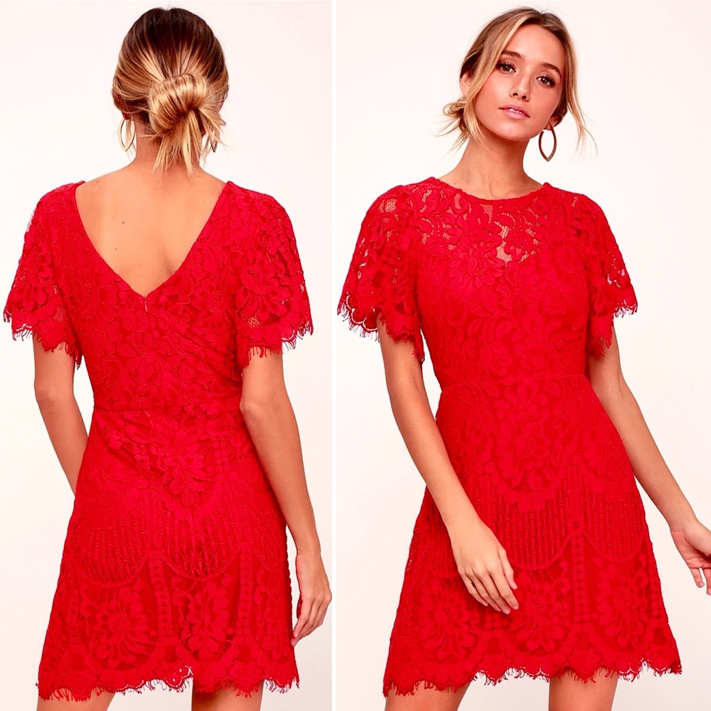 Lulus Pearson Red Lace Short Sleeve Dress Sz M Eyelet Lace Flutter Sleeve V Back